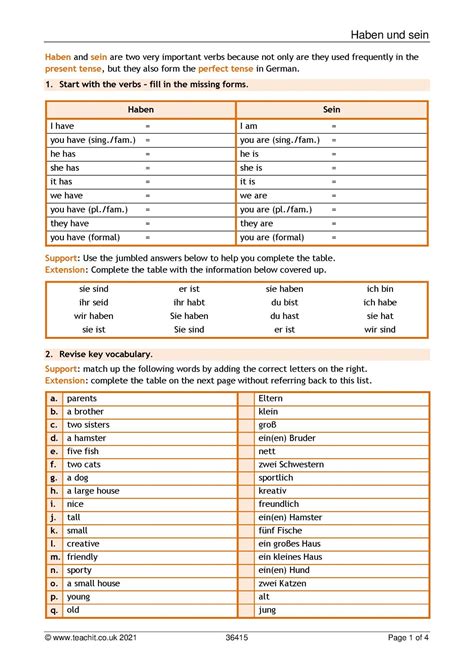 Verb Revision Worksheet Haben Und Sein Ks3 German Teaching Resource Teachit