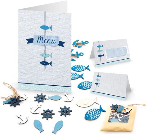 Logbuch Verlag 10 Menükarten 25 Namensschilder SET Fische blau türkis