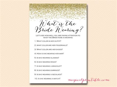 What Is The Bride Wearing Memory Game Bridal Shower Printable Game Gold Glitter Bridal Shower