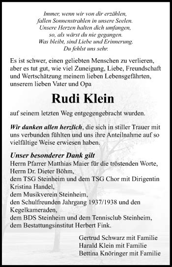 Traueranzeigen Von Rudi Klein Stuttgart Gedenkt De