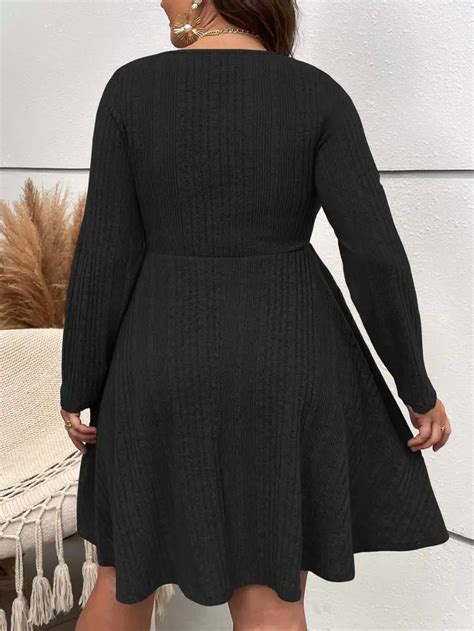 Plus Size Rib Knit Solid Round Neck Long Sleeve Midi Dress Temu