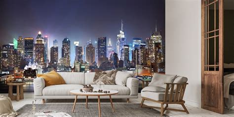 New York Manhattan Skyline Night Wallpaper Mural | Wallsauce US