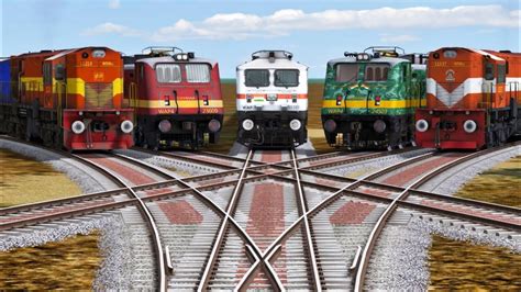 Trains Crossing To Each Other On The Bumpy Forked Railroad Tracks