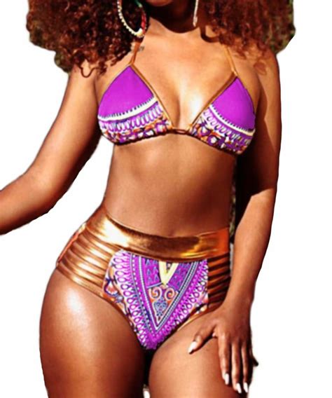 Riojoy Women Exotic Tribal Print Pieces Bikini Sexy African Metallic