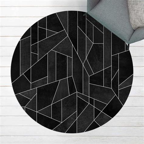 Runder Vinyl Teppich Schwarz Wei Geometrie Aquarell