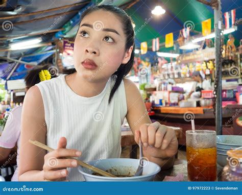 Asian Woman Eating Noodle In Thai Local Restaurant Stock Image Image