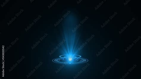 3D rendering blue round hologram emitting rays of light. Futuristic Sci ...