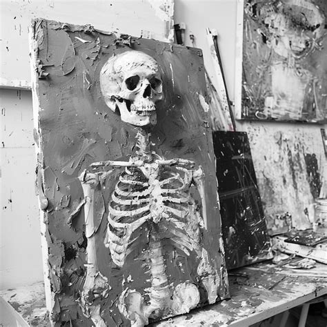 Premium Photo A Skeleton With A Long Neck Sits In Front Of A Painting