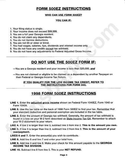 Instructions For Form 500ez Georgia Income Tax Division Printable Pdf