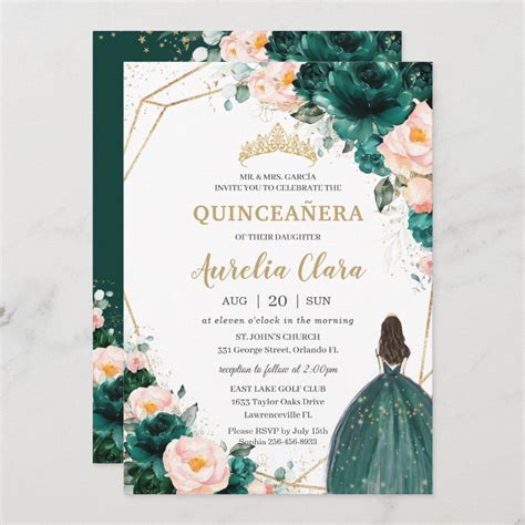 Quinceaera Emerald Green Blush Floral Princess Invitation Size X