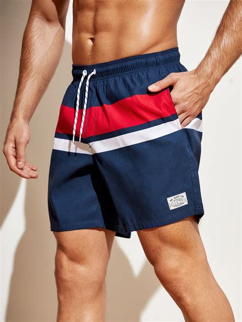 Men Colorblock Letter Patched Drawstring Waist Swim Trunks Mens Swimwear Mens Casual Outfits