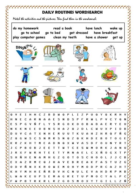 Daily Routines Picture Dictionary And Wordsearch Worksheet Free Esl