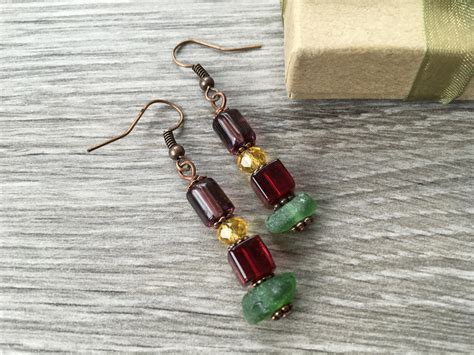 Sea Glass And Bead Earrings Rustic Unusual Earrings Colourful Hippie