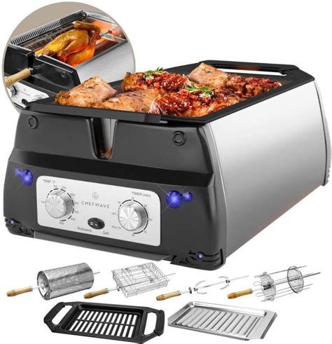 Smokeless Indoor Electric Grill and Rotisserie – 5 in 1 Non-Stick Tabletop Kitchen BBQ Grill ...