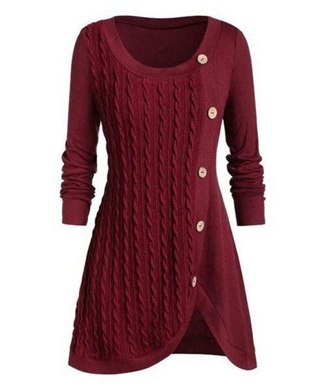 Wine Cable Knit Button Accent Tulip Tunic Size L Plus Size Sweaters