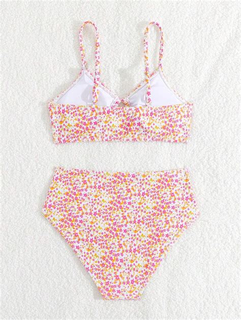 Conjunto de bikini con estampado de flores diminutas y círculos