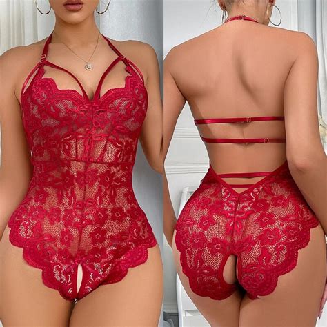 Sexy Vermelho Crotchless Lingerie Feminina Renda Transparente Suti