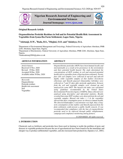 PDF Original Research Article Organochlorine Pesticide Residues In