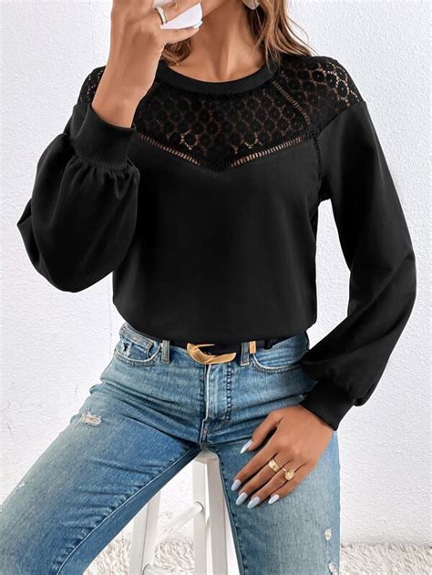 Shein Frenchy Pullover Con Encaje De Manga Farol Moda De Mujer