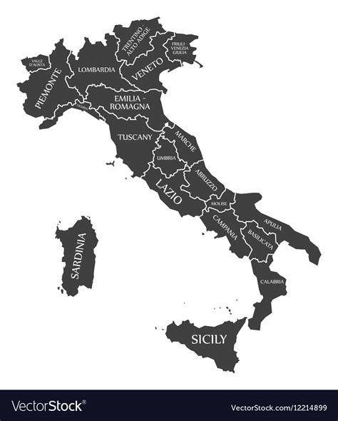 Italy map with labels black Royalty Free Vector Image