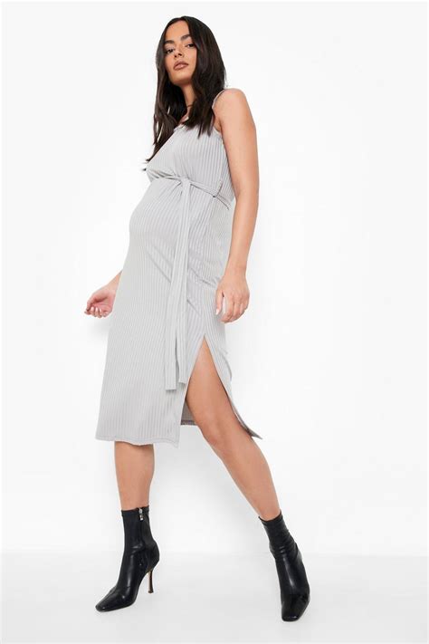 Maternity Ribbed Tie Midi Dress Boohoo Uk