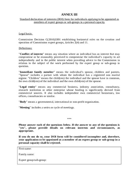 Standard Declaration Of Interests Doi For Individuals Doc Template Pdffiller