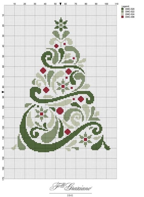 A Cross Stitch Christmas Tree With Red And Green Ornaments On It In