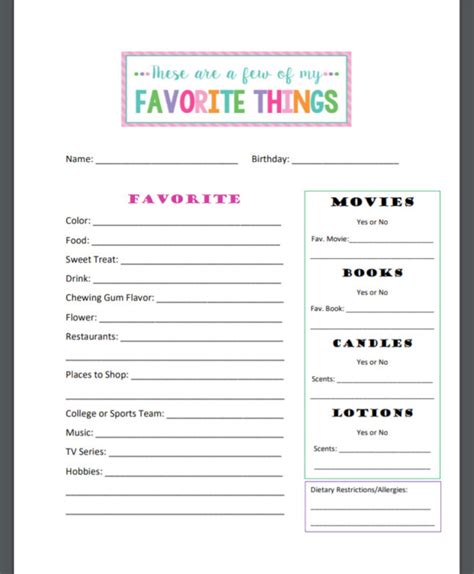 My Favorite Things Worksheet For Staff