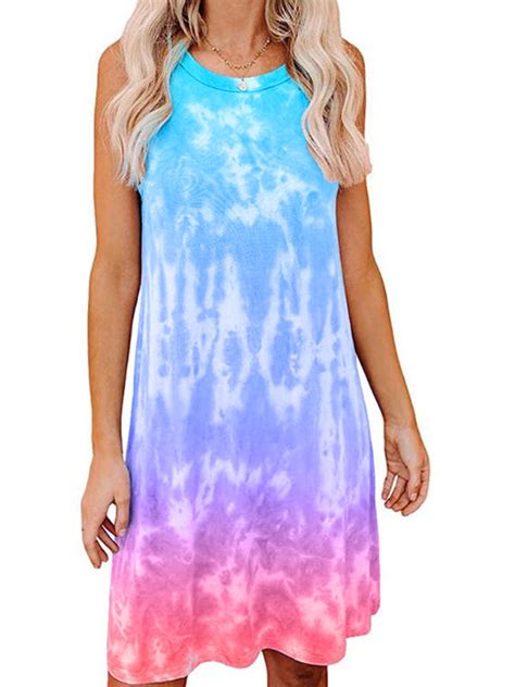 Canis Women S Tie Dye Tank Sleeveless Knee Length Pleated Sun Dresses