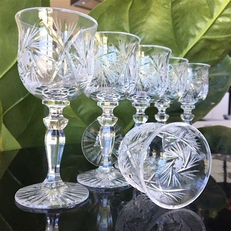 Boho Cordial Glasses Facet Stem And Star Pattern Foot 6 Crystal Cut Hobstar Pinwheel