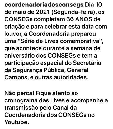 SÉrie De Lives Da Coordenadoria Em ComemoraÇÃo Aos 36 Anos Dos Consegs