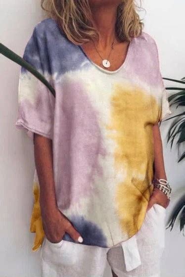 Color Block Tie Dye V Neck Short Sleeves T Shirt Ivyalpha