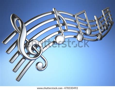 Silver Music Notes And Treble Clef On Musical Strings On Blue