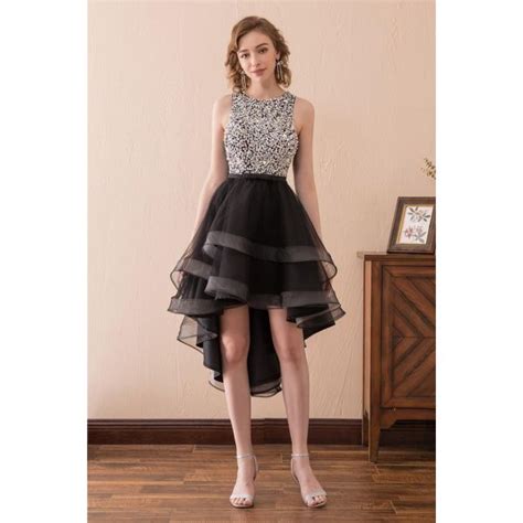 Lovely High Low Open Back Black Tulle Beaded Prom Dress