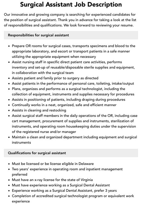 Surgical Assistant Job Description Velvet Jobs