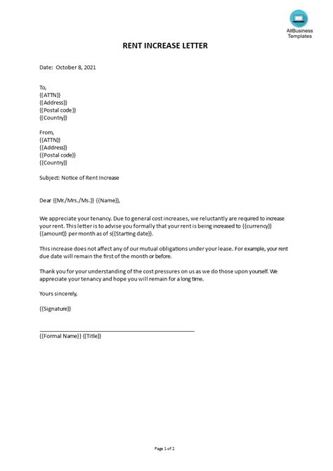 Free Rent Increase Letter Template