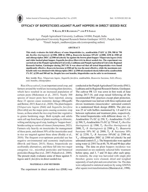 PDF EFFICACY OF BIOPESTICIDES AGAINST PLANT HOPPERS IN DIRECT SEEDED RICE