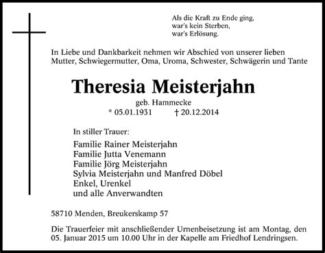 Traueranzeigen Von Theresia Meisterjahn Trauer In Nrw De