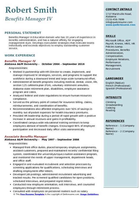 Benefits Manager Resume Sample