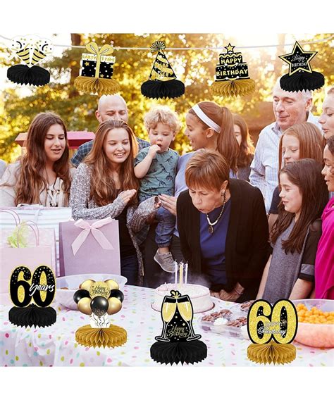 9pcs 60th Birthday Decorations For Women Men Black Gold Happy Honeycomb