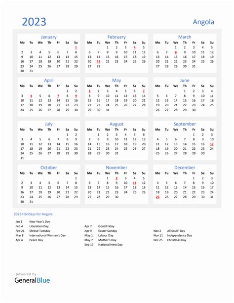 Basic Yearly Calendar With Holidays In Angola For 2023