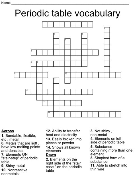 Periodic Table Vocabulary Crossword Wordmint