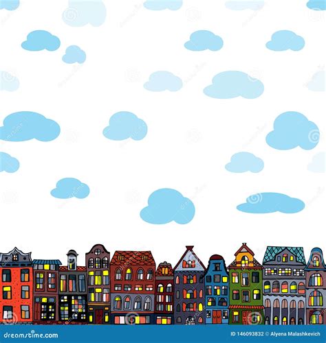 Set Amsterdam Old Houses Cartoon Facades Traditional Architecture Of