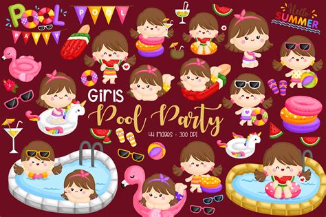 Pool Party Clipart - Cute Kids Clip Art Graphic by Inkley Studio ...