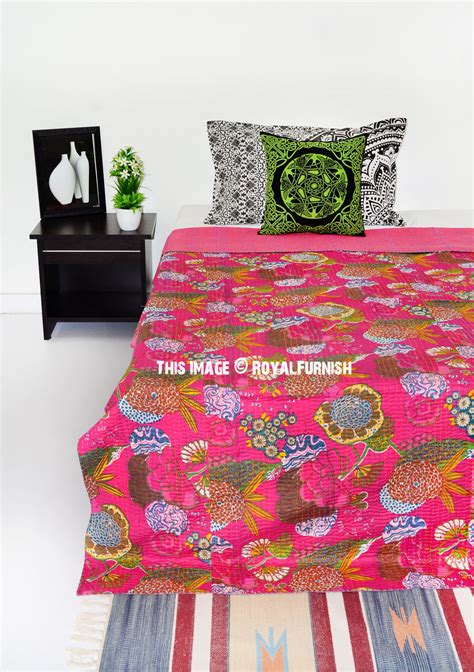 Pink Multi Floral Printed Unique Hand Stitched Kantha Quilt Bedspread