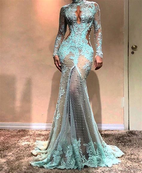 Long Sleeves Illusion Turqoise Prom Dress Lace Formal Dress Lace Evening Dresses Mermaid