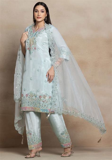 Buy Women Powder Blue Embroidered Sharara Set With Mirror Thread