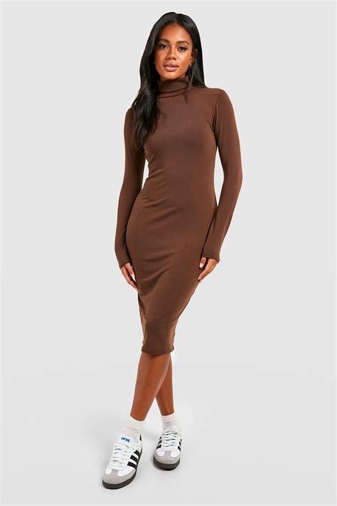 Rib Roll Neck Midi Dress Boohoo Uk