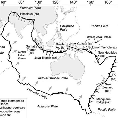 Indo-Australian Plate showing the plate boundaries and forces discussed... | Download Scientific ...