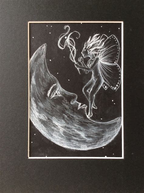 5x7 Original White Charcoal Drawing Moon Fairy Matted to - Etsy